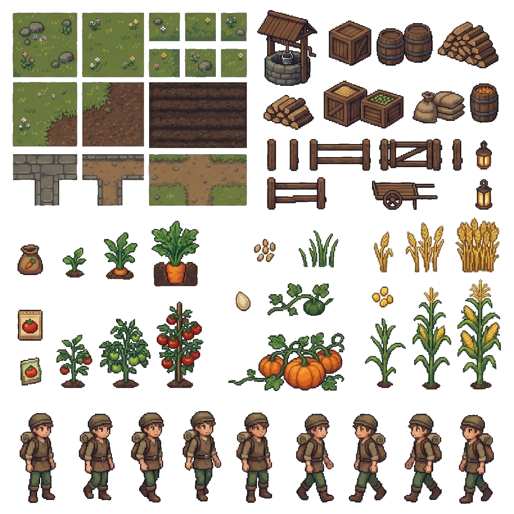 A sheet of the game's raw pixel art: characters, tiles and props