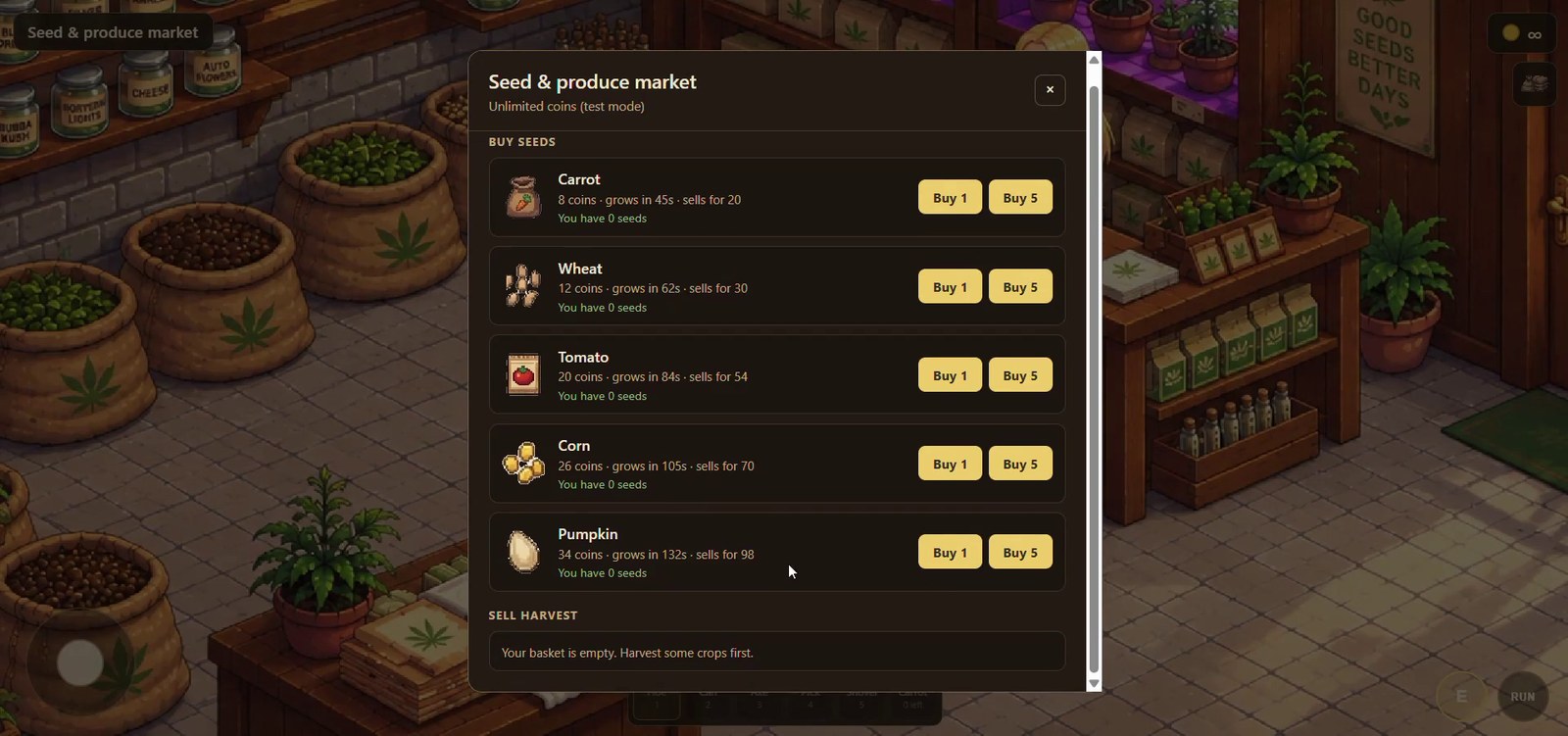 Browse and buy seeds from a proper in-game shop menu.